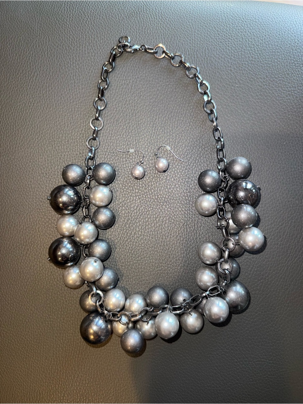 Statement Gray and Silver Beaded Necklace with Matching Earrings